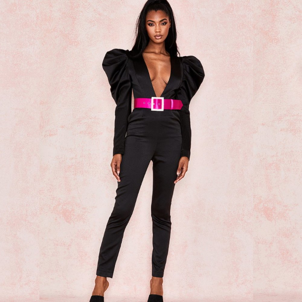 House of CB ‘Escalia’ Black Stretch Satin Jumpsuit NWOT - Picture 1 of 9